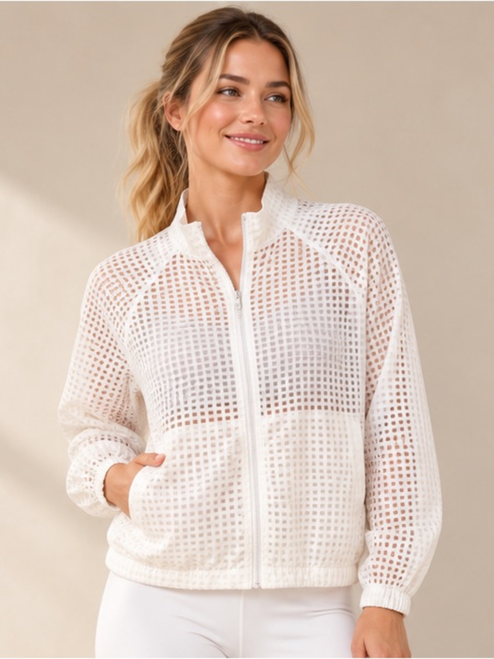 Fabletics Women’s Small White Sheer Grid Zip Up Jacket Lightweight Athleisure